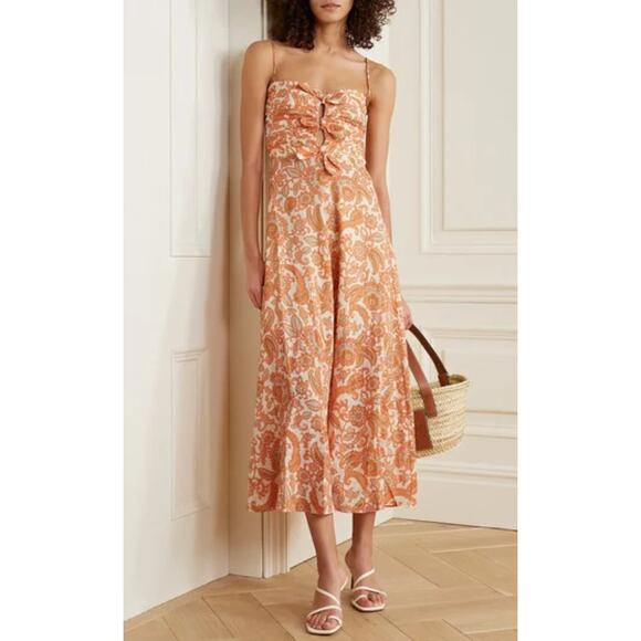 Zimmermann Dresses & Skirts - ZIMMERMANN Peggy Paisley Linen Midi Dress Tie Front Orange Sz 8 M Resort Boho